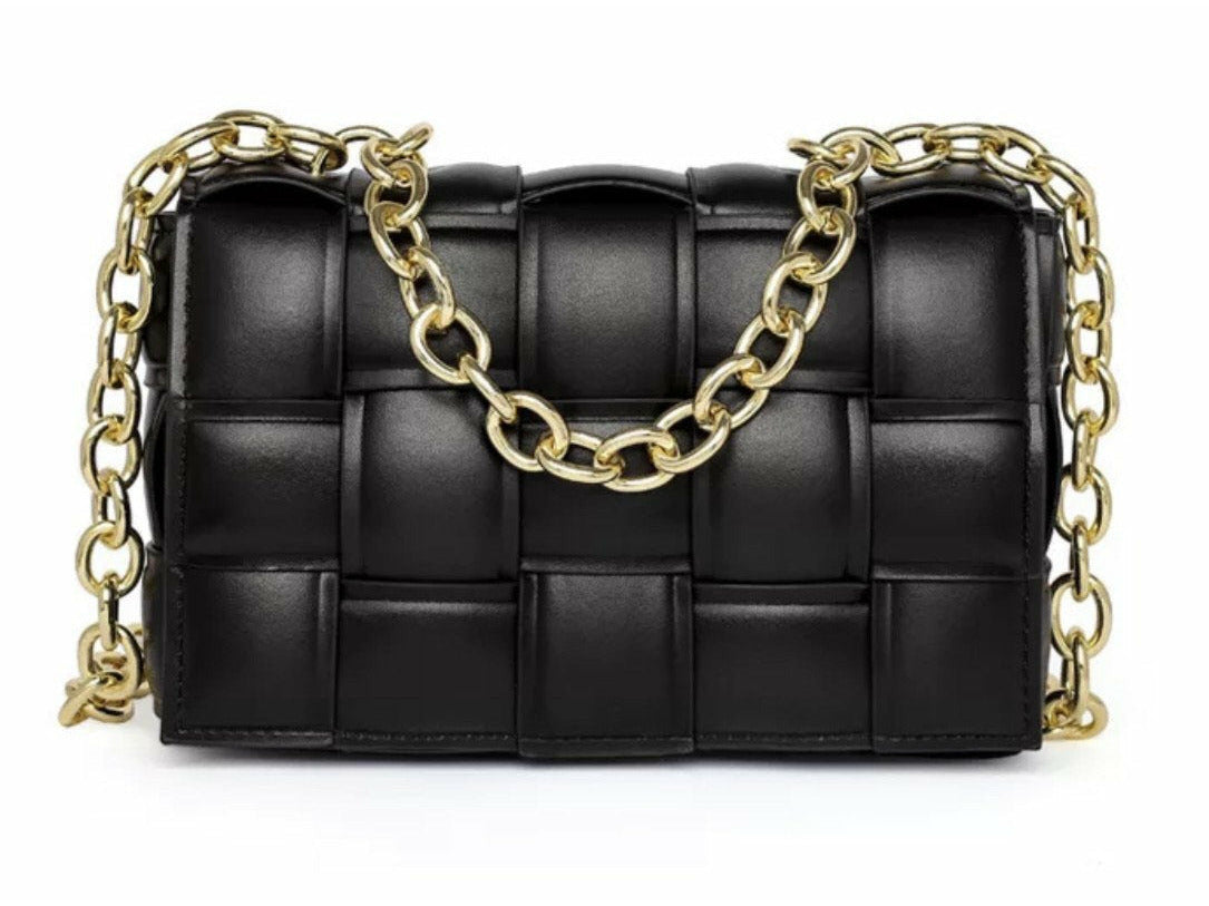 Black Padded Woven Leather Cross-body Bag With Gold Chain 